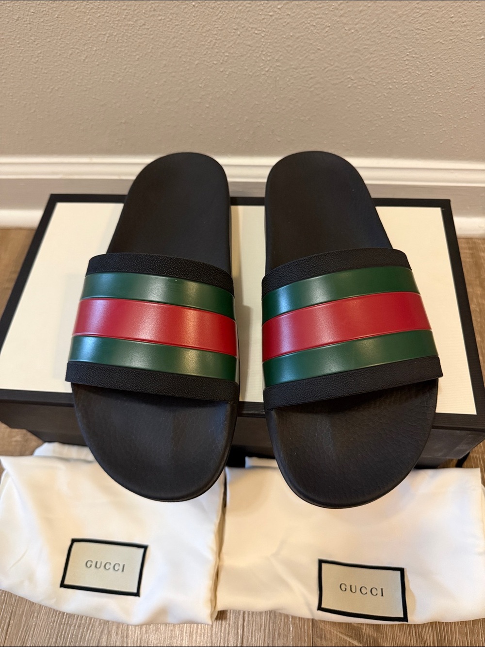 Gucci Black Slides with Red and Green Web Stripes